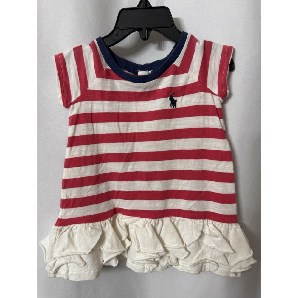 Ralph Lauren Baby Girl Striped Dress 3 Months Cotton Ruffle Hem Pink‎ White G50